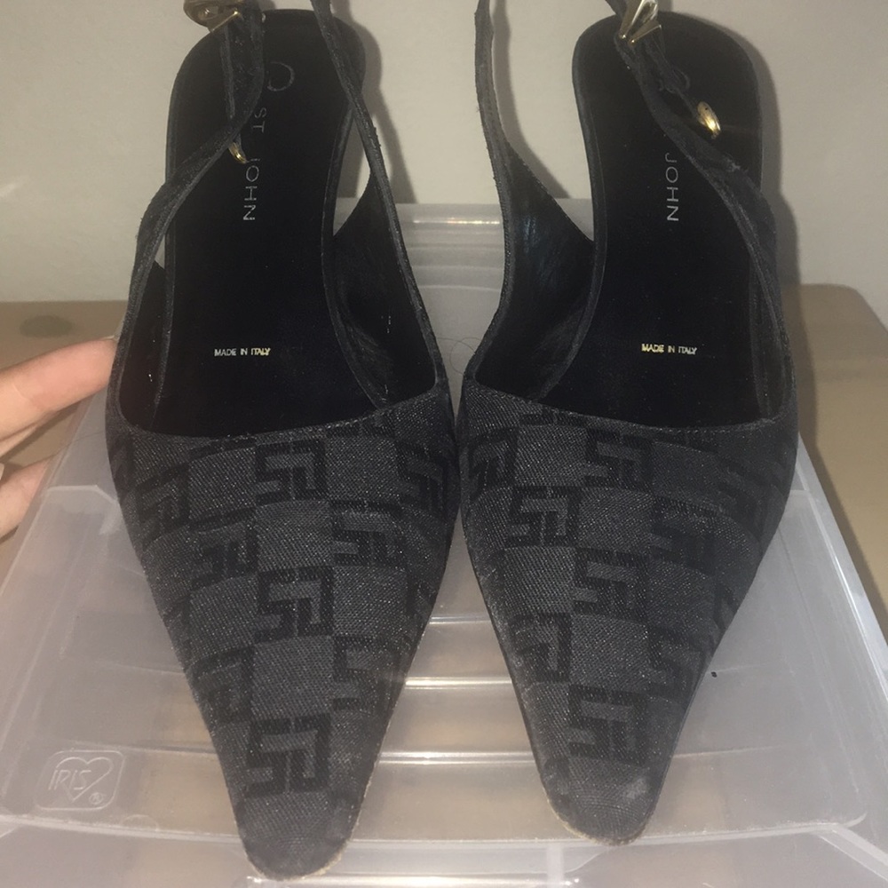 St. John Black Monogram Slingback Heels